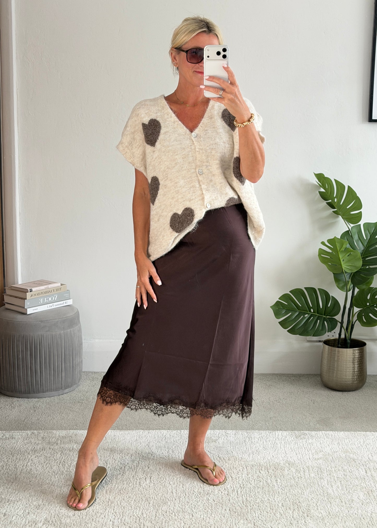 Chocolate Satin Lace Trimmed Midi Skirt