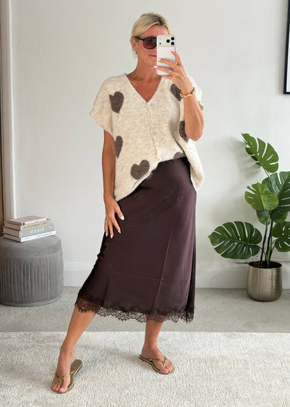 Chocolate Satin Lace Trimmed Midi Skirt