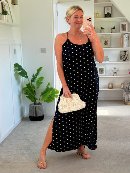 Navy/White Polka Dot Strappy Maxi Dress