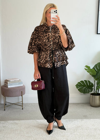 Leopard Balloon Sleeve Peplum Jacket
