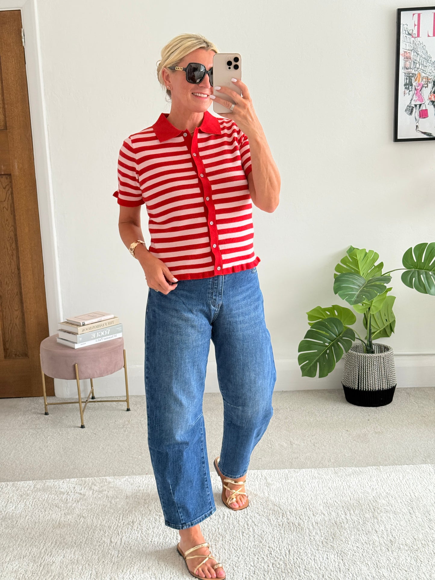 Pink/Red Stripe Knit Polo S/S Cardigan