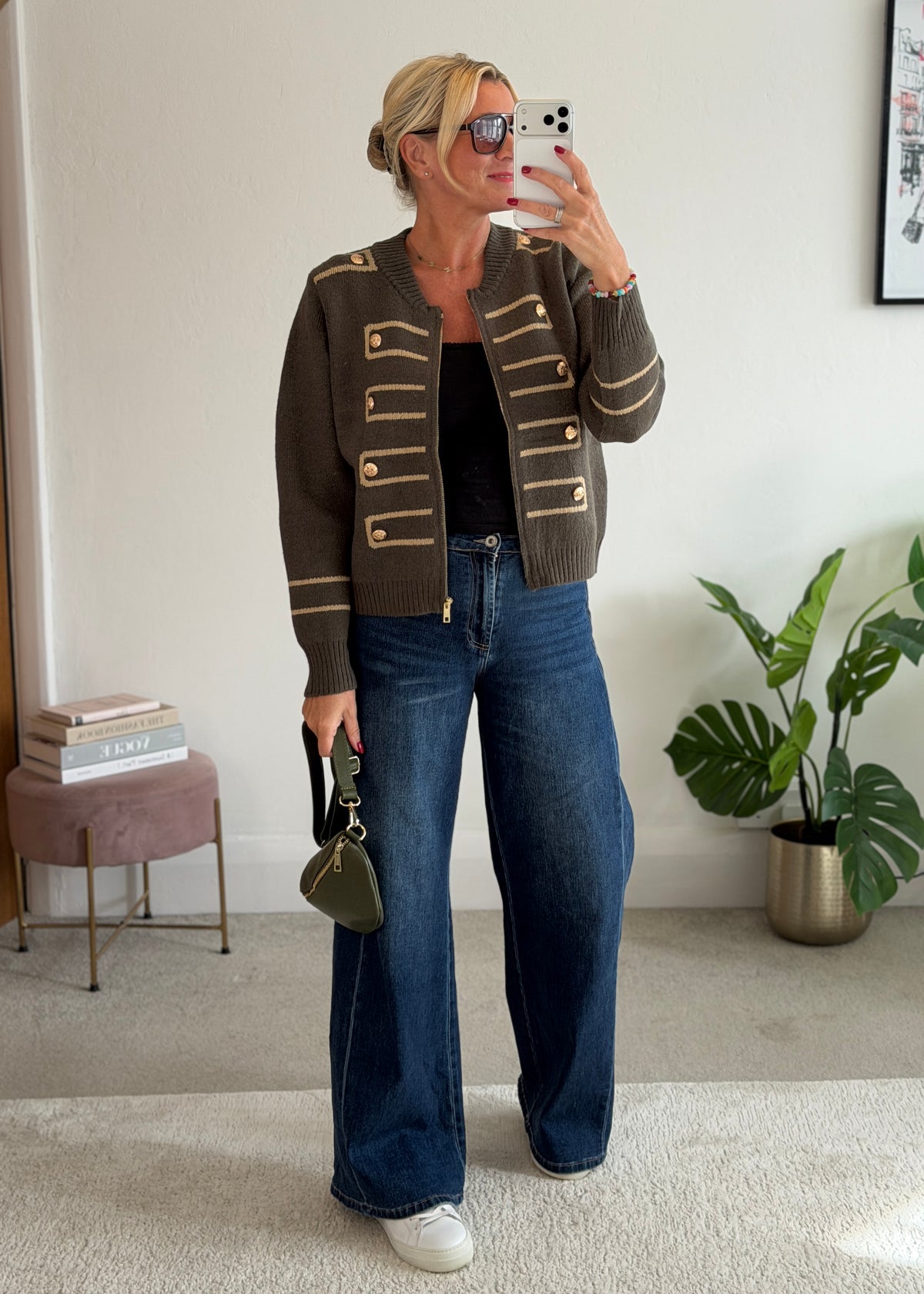 Khaki Military Zip Front Knitted Cardi