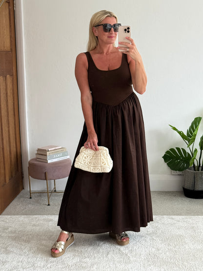 Chocolate V Waist Pocket Maxi Dress