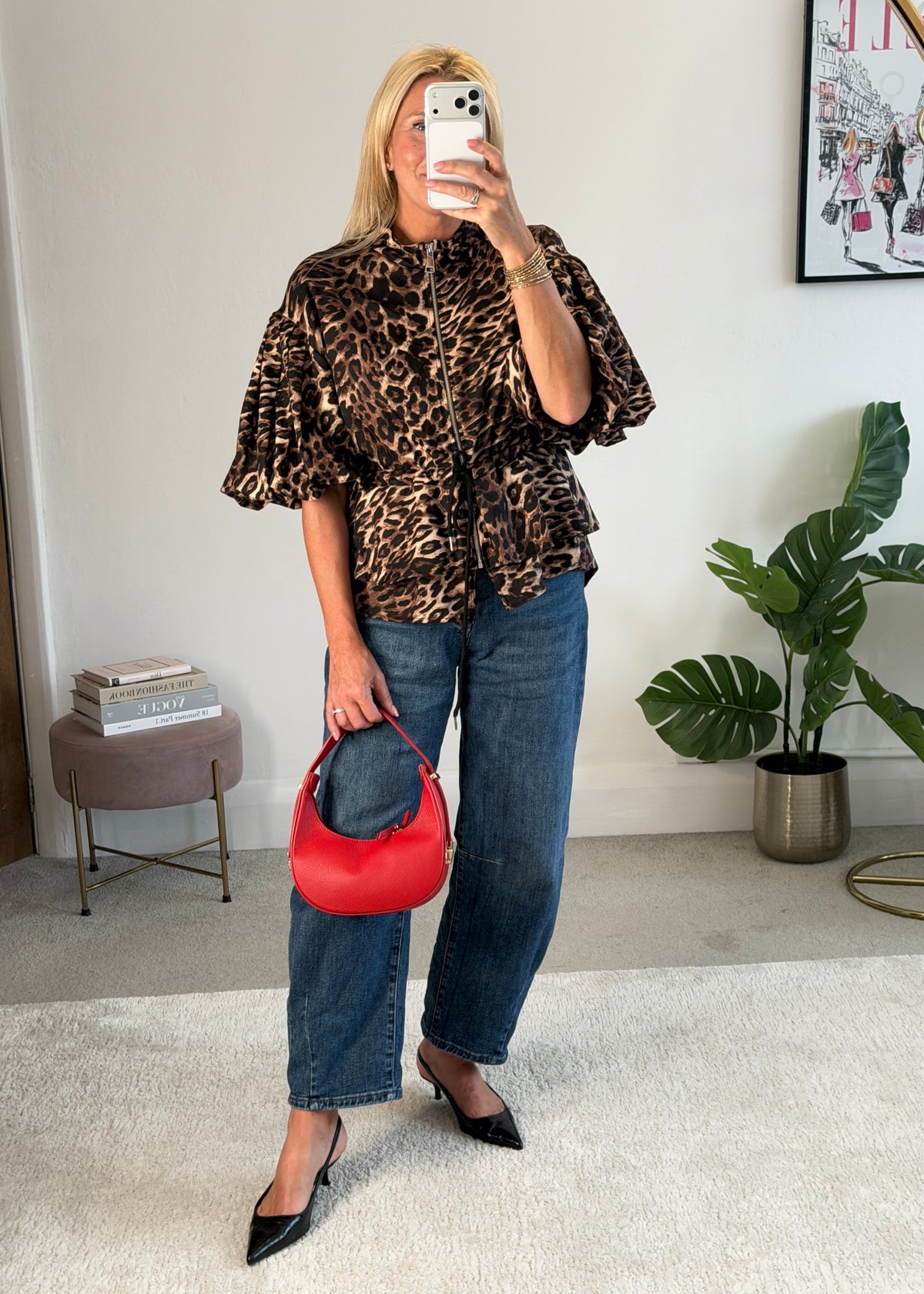 Leopard Balloon Sleeve Peplum Jacket
