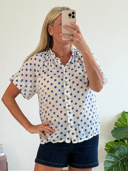 Royal Blue Polka Dot Frill Sleeve Blouse