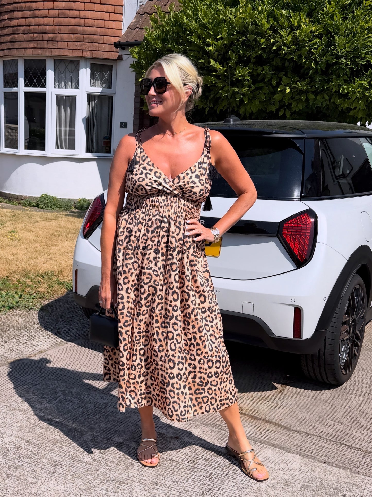 Leopard Tassel Tie Shoulder Midi Dress