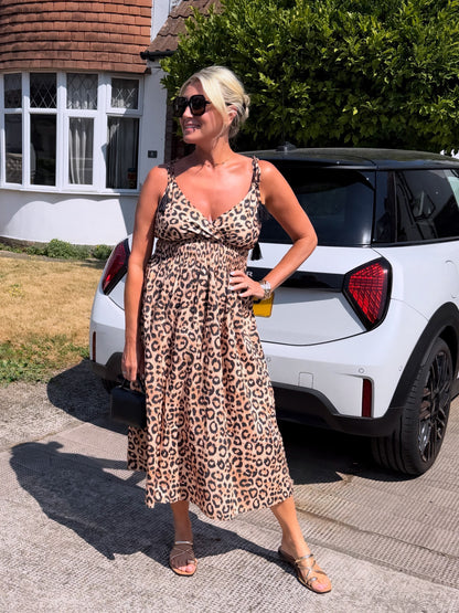 Leopard Tassel Tie Shoulder Midi Dress