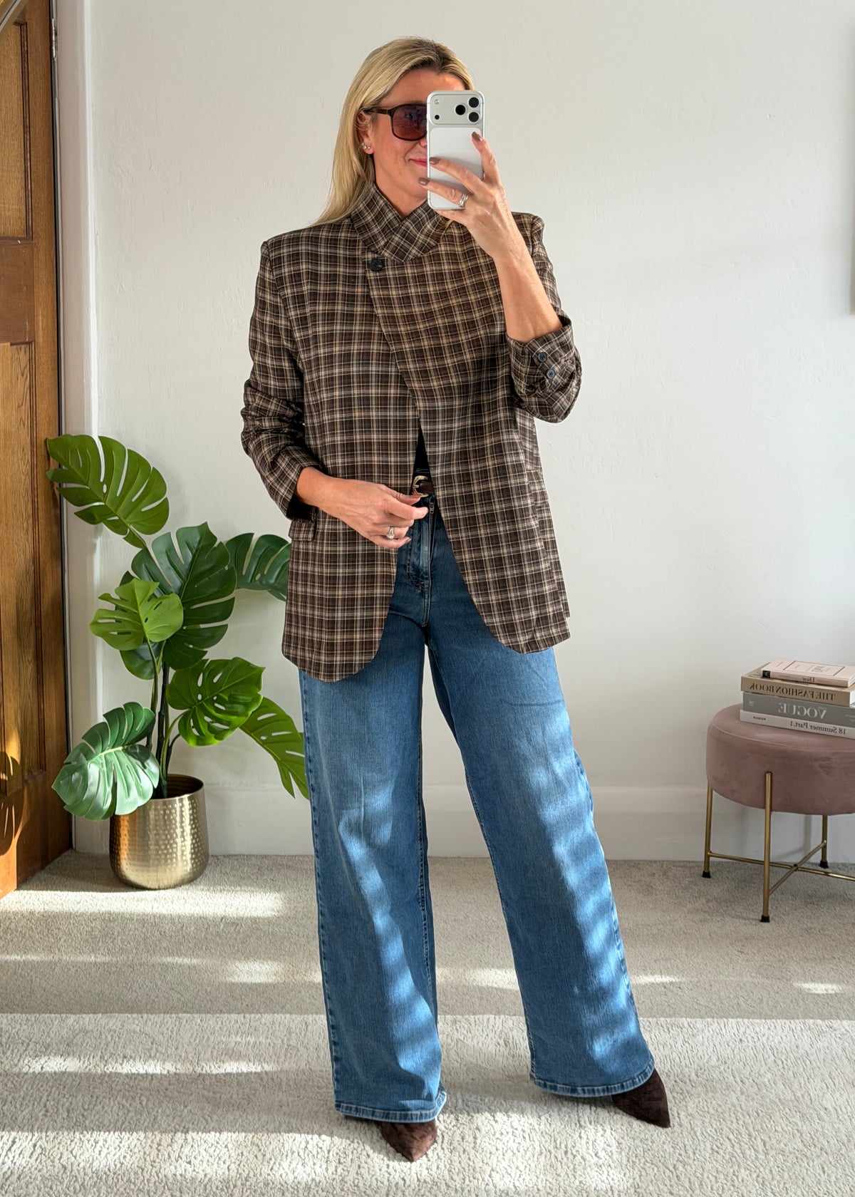 Taupe/Choc Check Asymmetric Button Blazer