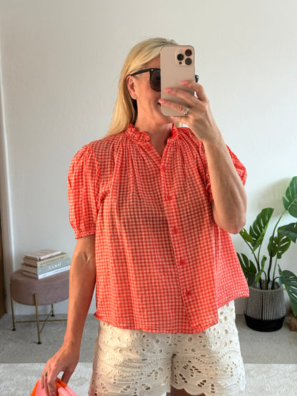 Coral Gingham Puff Sleeve Blouse