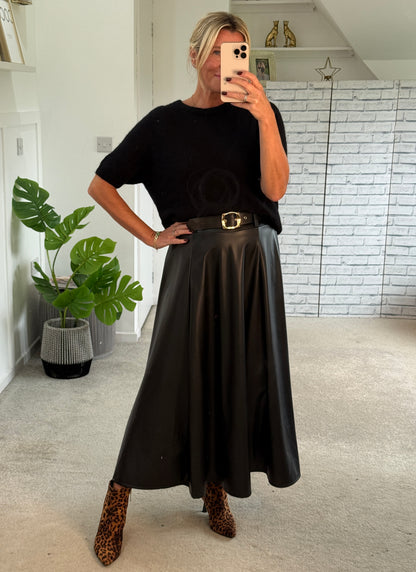 Black Pleather Midi Skirt