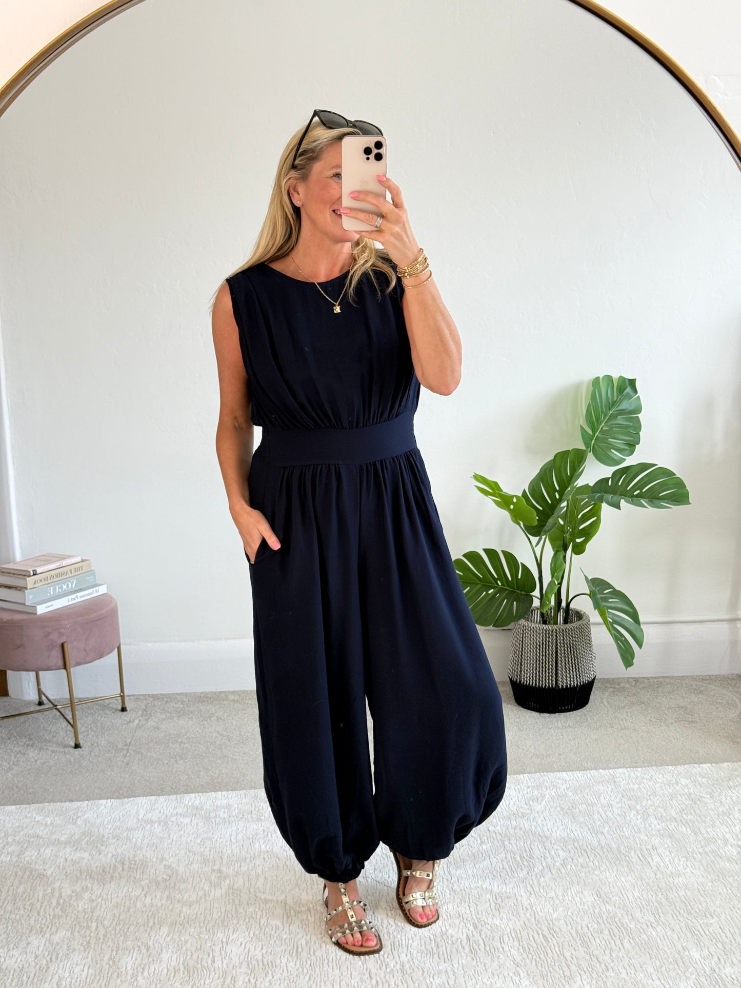 Navy Elasticated Sleeveless Harem Jumpsuit