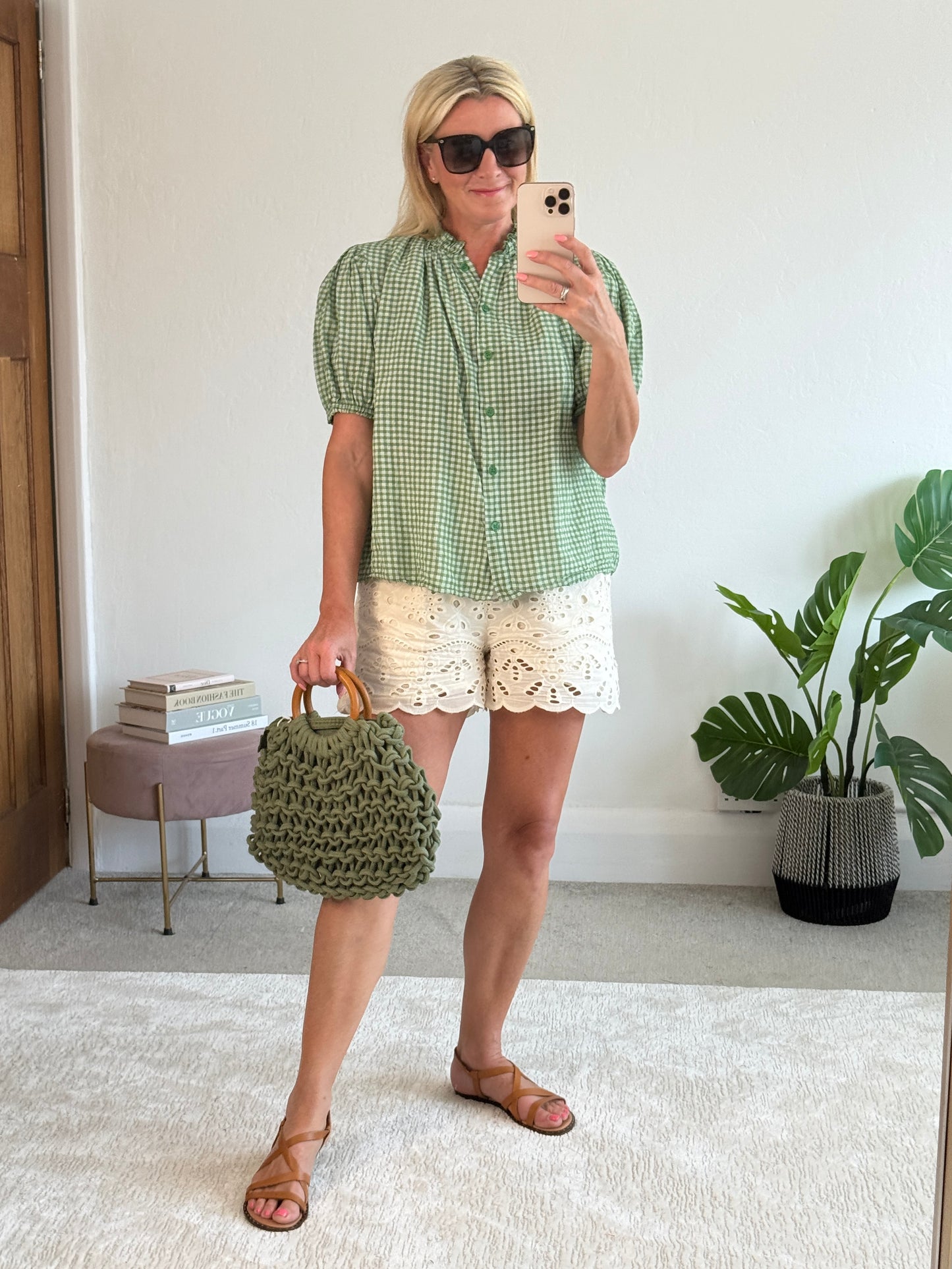 Khaki Gingham Frill Sleeve Blouse
