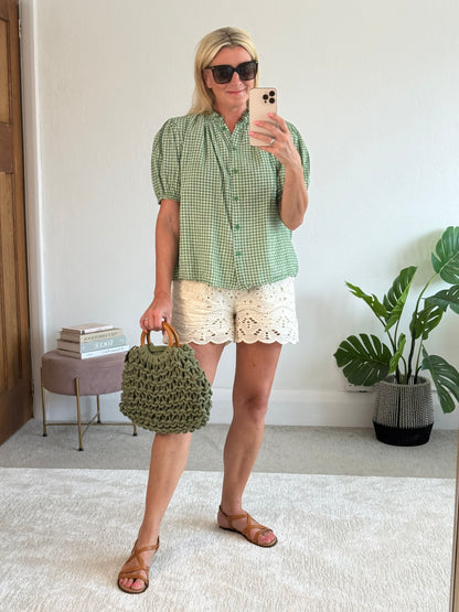 Khaki Gingham Frill Sleeve Blouse