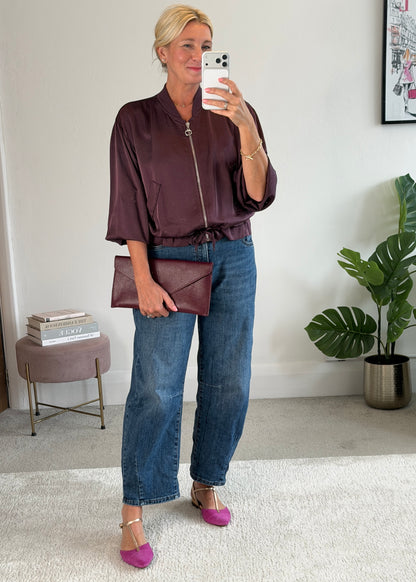 Plum Satin Drawstring Bomber Jacket