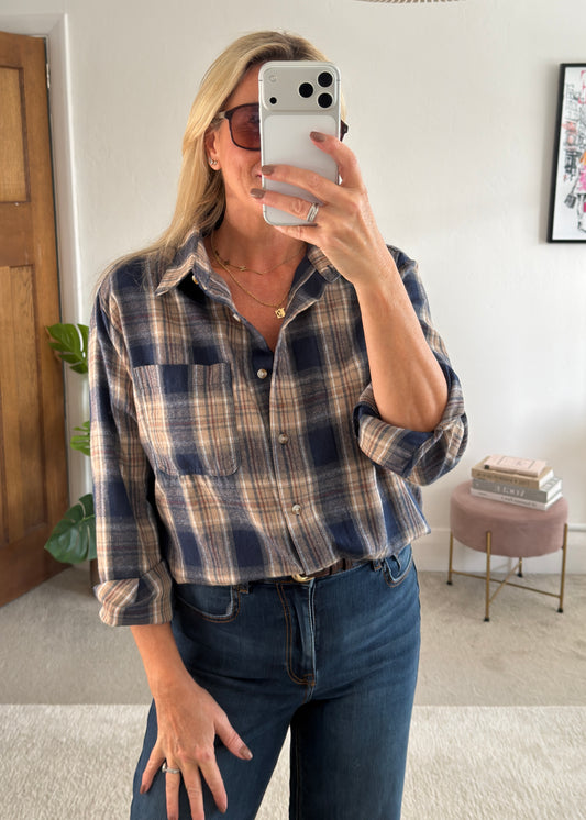 Navy Check Brushed Cotton Blend Shirt