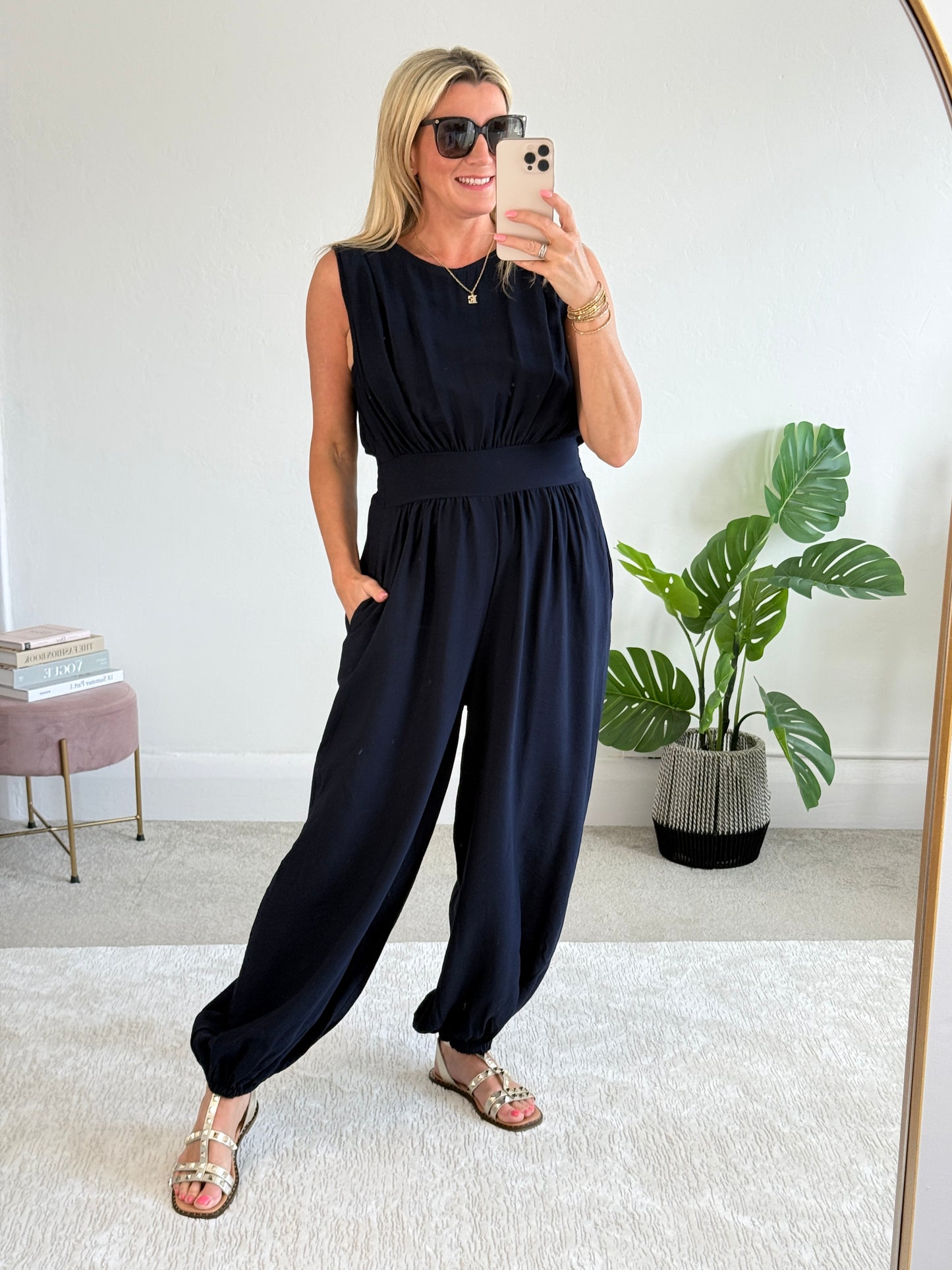 Navy Elasticated Sleeveless Harem Jumpsuit