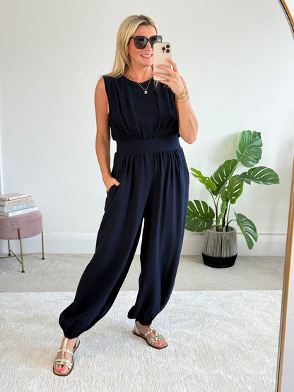 Navy Elasticated Sleeveless Harem Jumpsuit