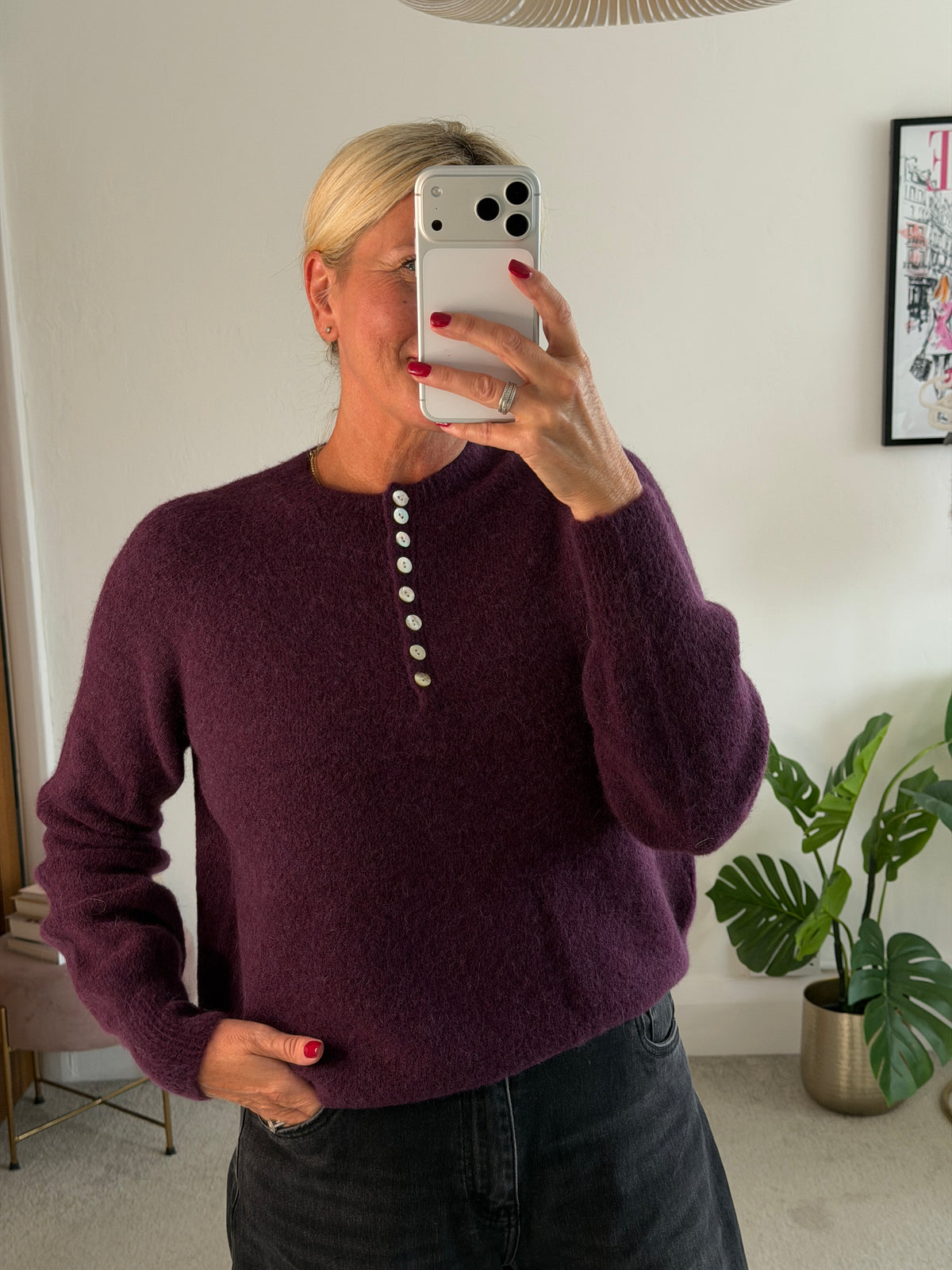 Plum Alpaca Mix Button Jumper