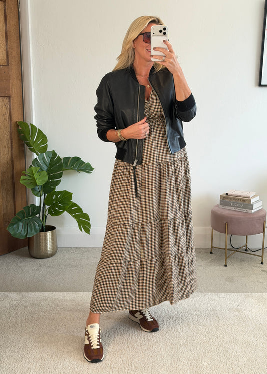 Cream Heritage Check V-Neck Tiered Dress