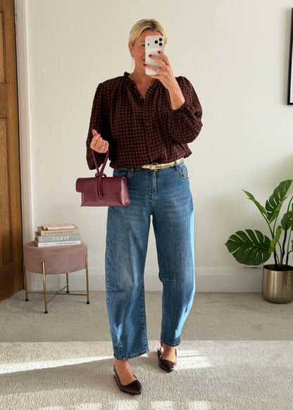 Burgundy Heritage Check Frill Collar Blouse