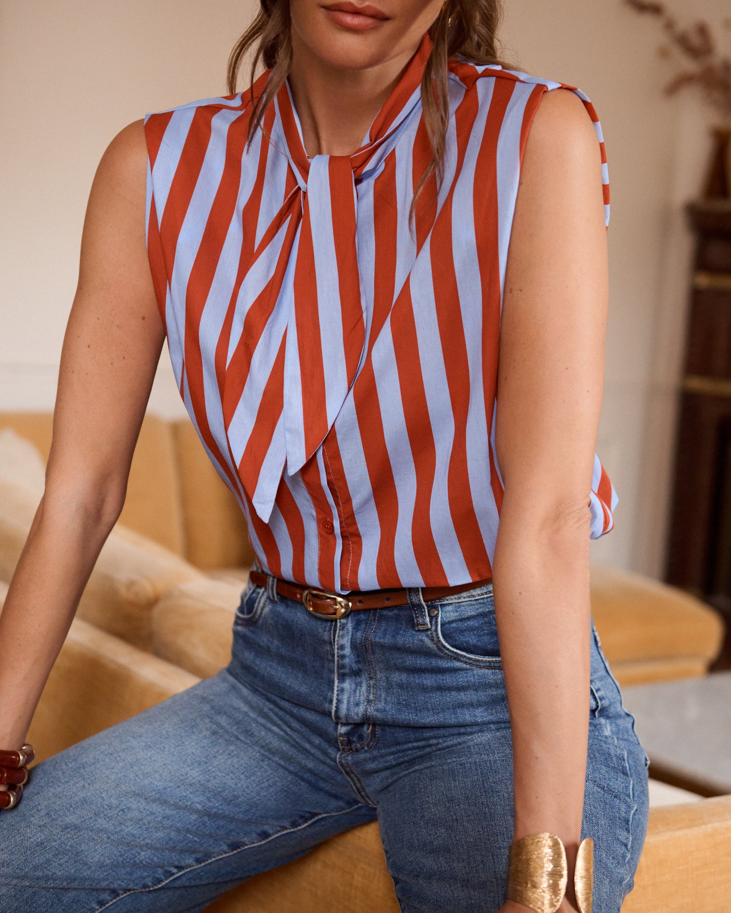 Cornflower Blue Stripe Tie-Neck Blouse