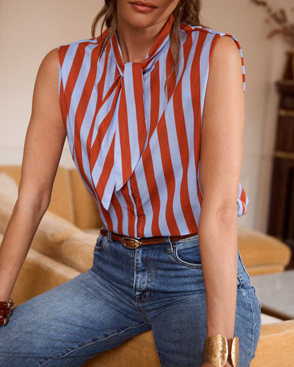 Cornflower Blue Stripe Tie-Neck Blouse