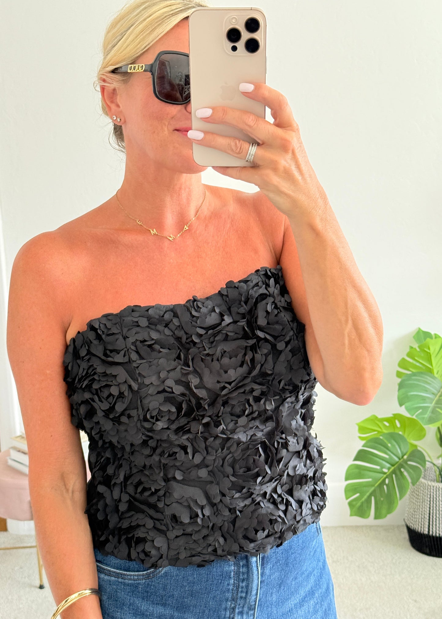Black 3D Floral Bandeau Top