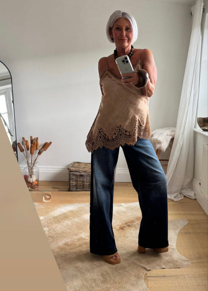 Mocha Satin Lace Asymmetric Cami Top