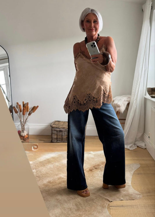 Camel Satin Lace Asymmetric Cami Top