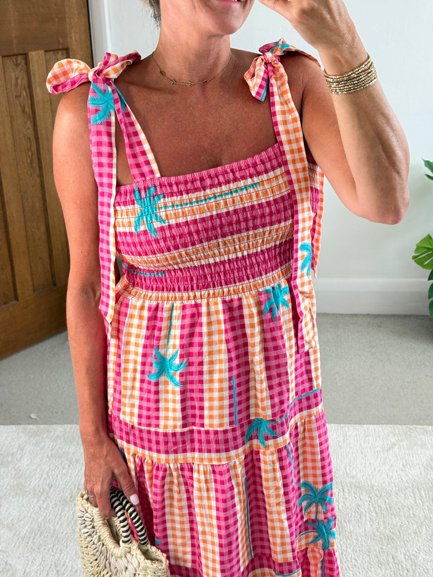 Pink/Orange Gingham/Palm Shirred Maxi Dress