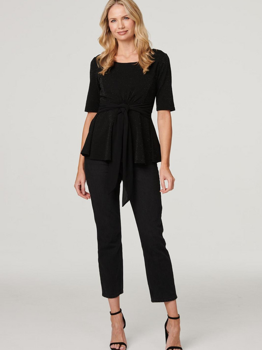 Black Sparkle Tie Waist Top