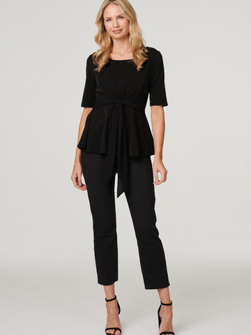 Black Sparkle Tie Waist Top