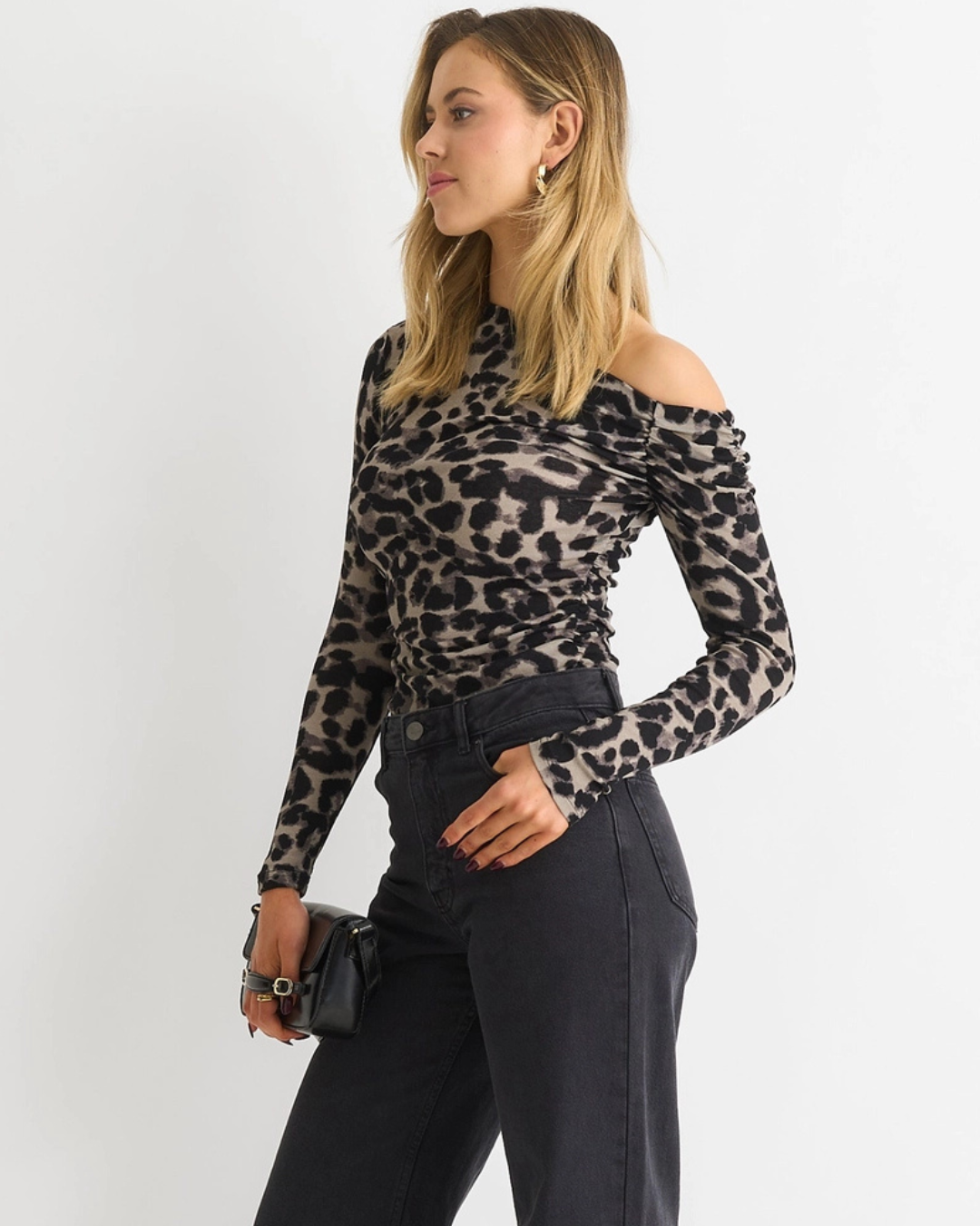 Grey Animal Print Jersey Slash Neck Top