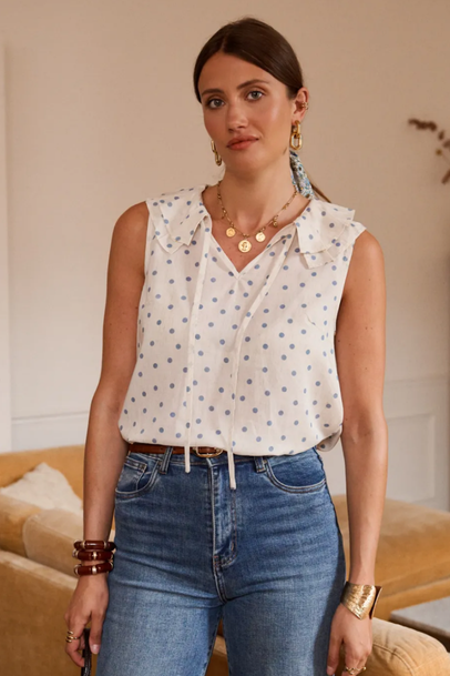 Blue/Oatmeal Polka Dot Frill Collar Blouse