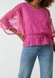 Pink Floral Lace Butterfly Sleeve Blouse