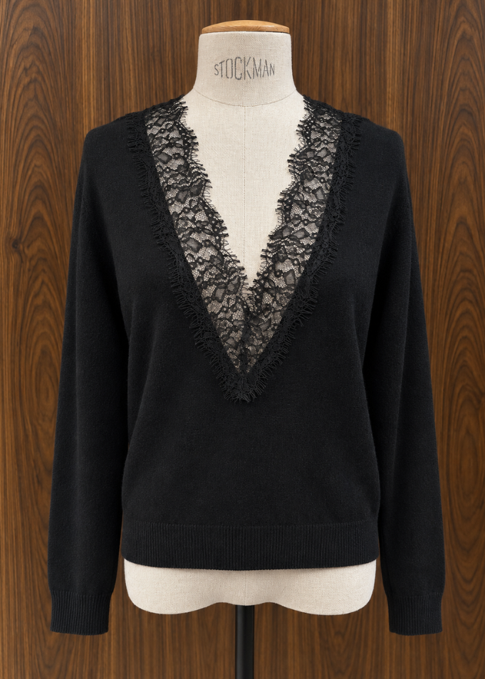 Black Reversible Lace V-Neck Jumper
