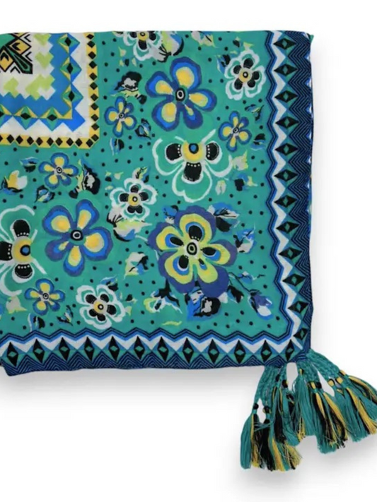 Jade Summer Flower Tassel Square Scarf