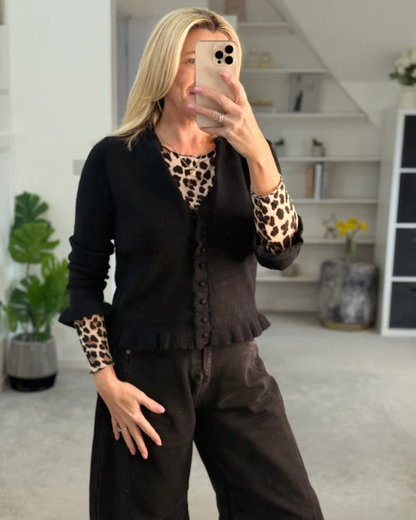 Grey Ruffled Buttoned Cardigan