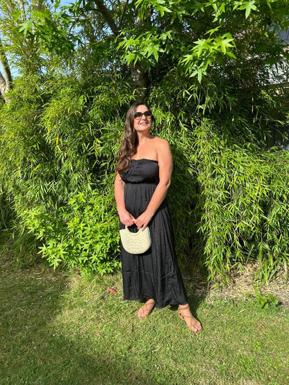 Black Strapless Shirred Dress