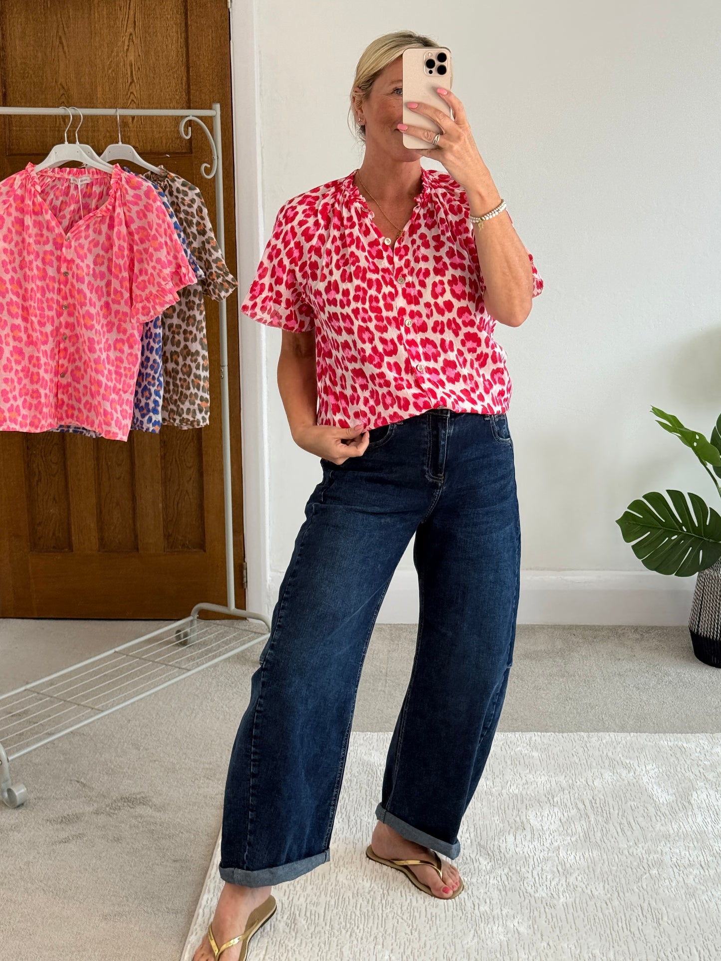 Red/Pink Leopard Frill Sleeve Blouse
