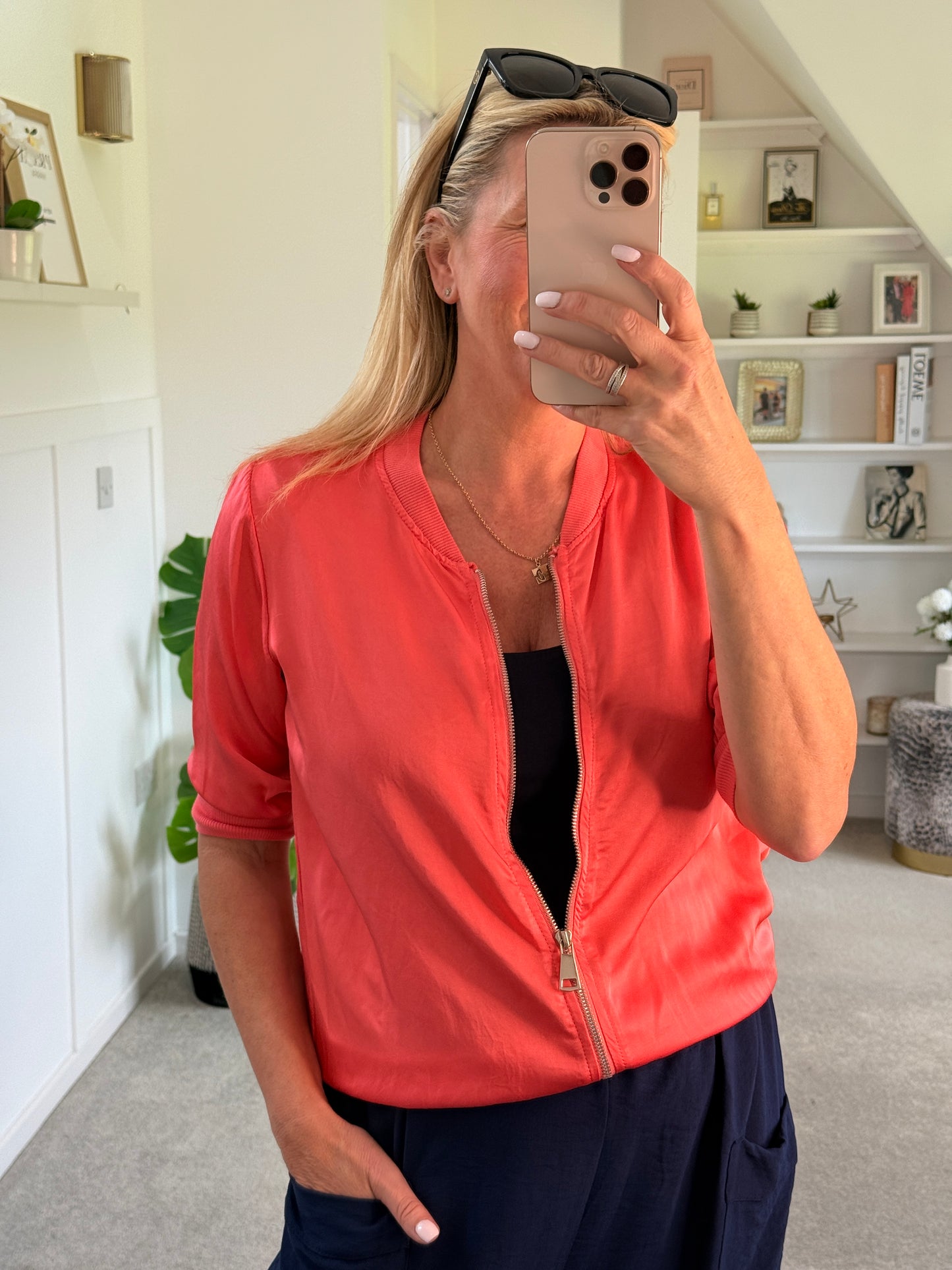 Coral Silk Mix 1/2 Sleeve Bomber Jacket