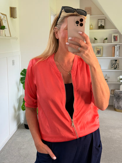 Coral Silk Mix 1/2 Sleeve Bomber Jacket