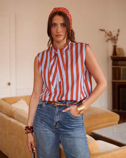 Cornflower Blue Stripe Tie-Neck Blouse