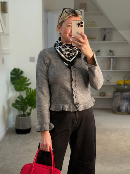 Grey Ruffled Buttoned Cardigan