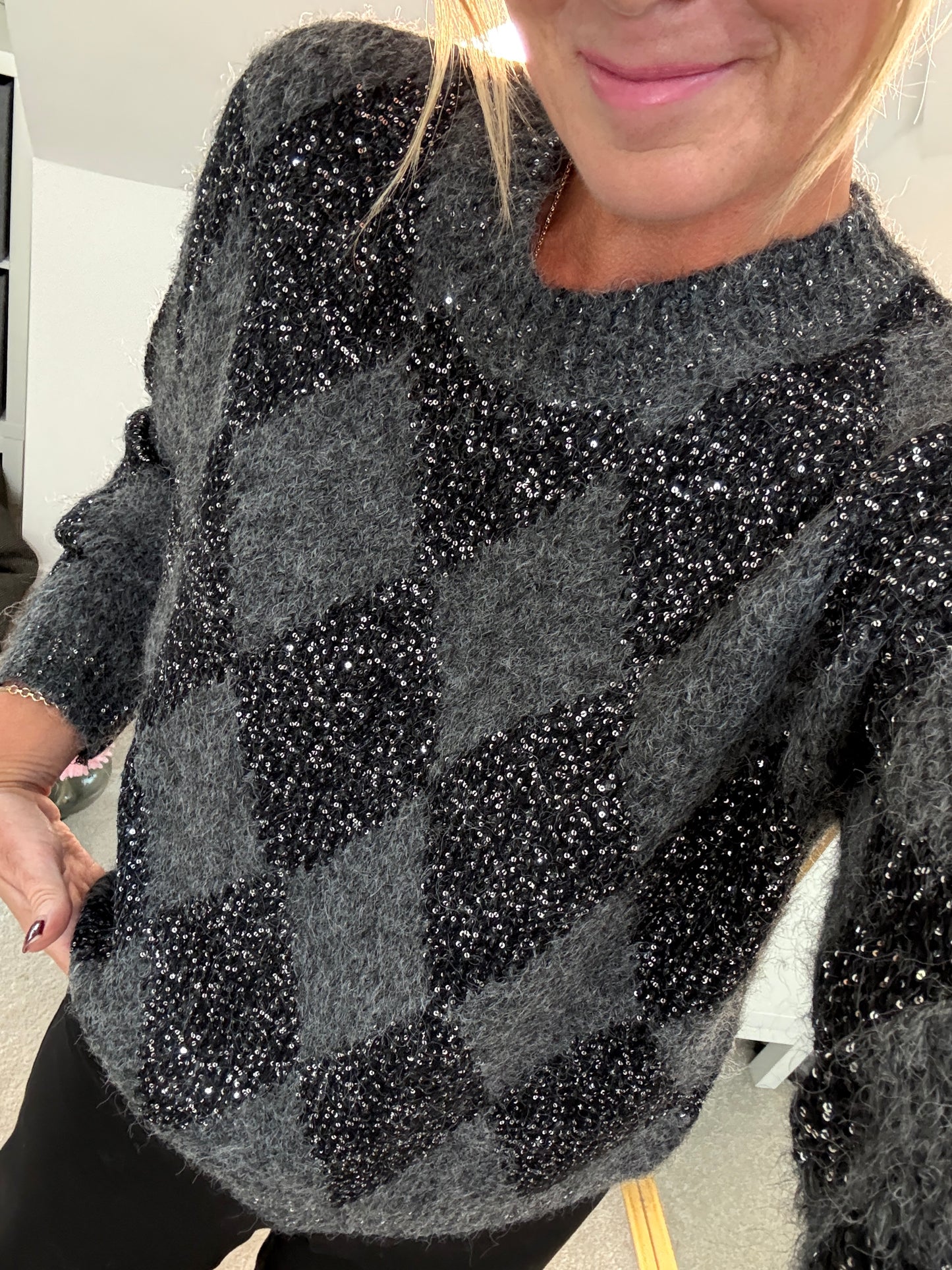 Grey Sequin Argyle Diamond Knit Jumper