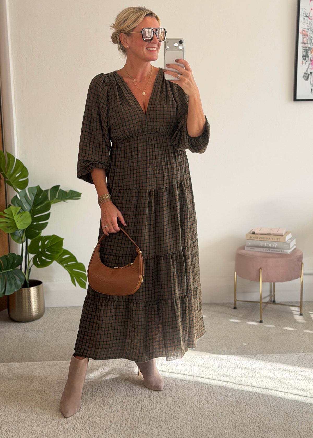 Khaki Heritage Check V-Neck Tiered Dress