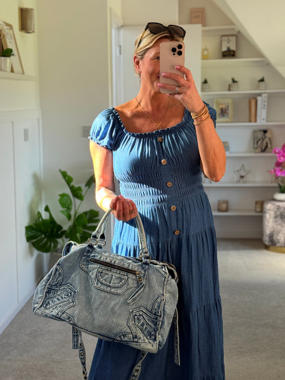 Blue Denim Bardot Tiered Maxi Dress