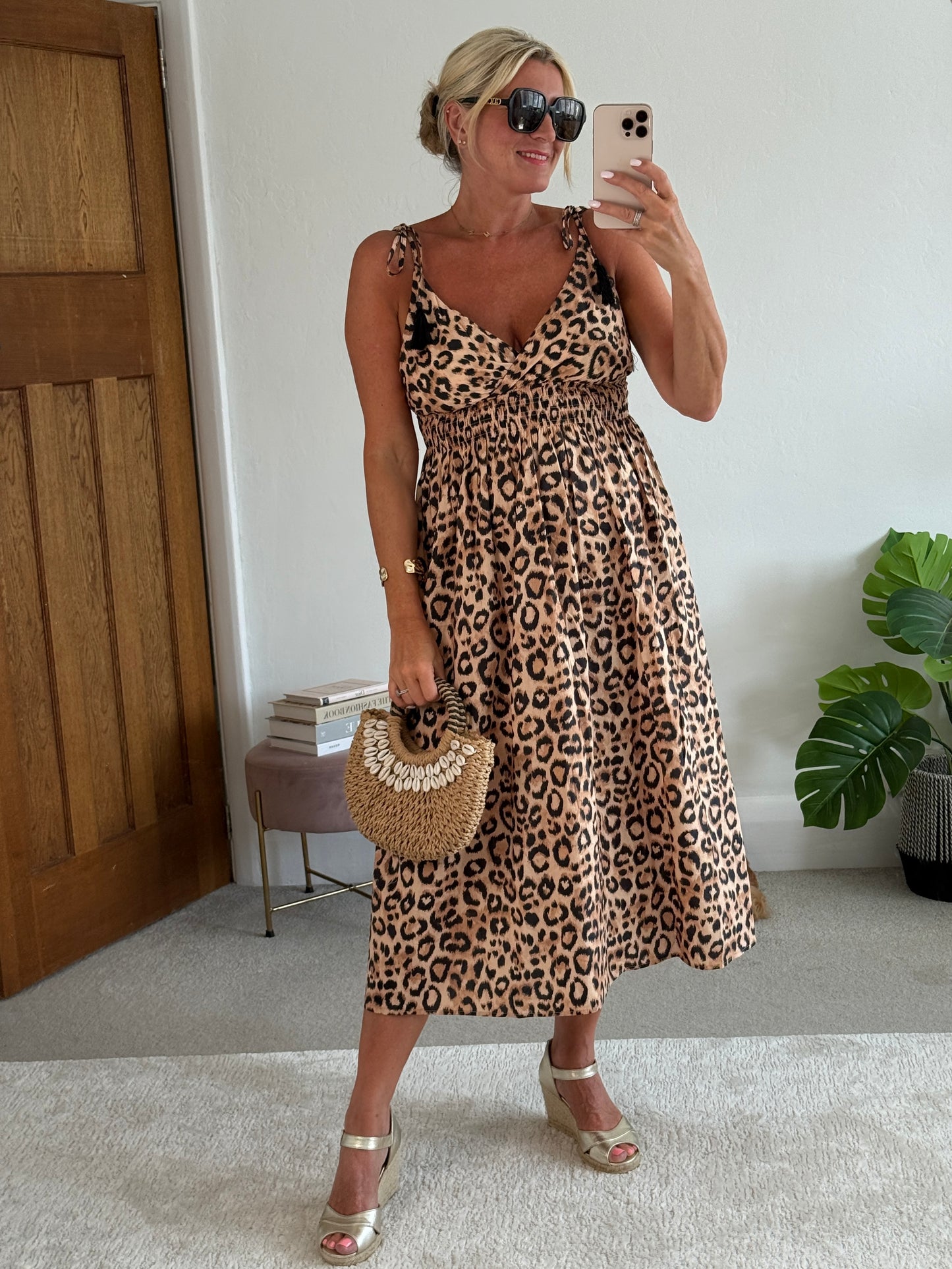 Leopard Tassel Tie Shoulder Midi Dress