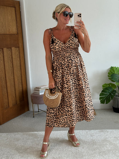 Leopard Tassel Tie Shoulder Midi Dress