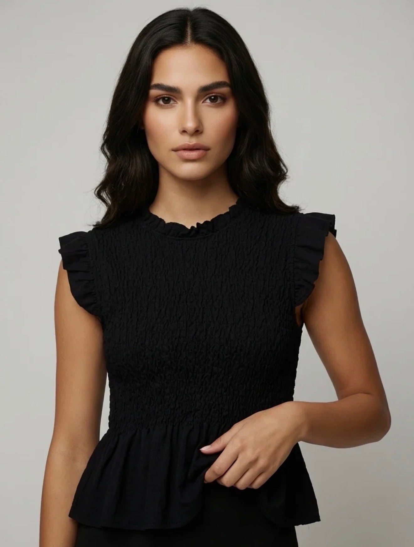 Black Smocked Peplum Top